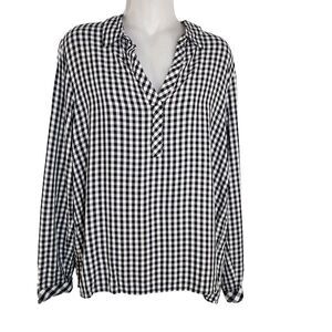 J. Jill Women's Top Medium Black White Mixed Gingham Check Split V Neck Popover